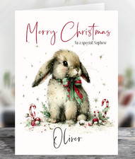 Personalised Cute Snowy Bunny Rabbit Glossy Christmas Greetings Card