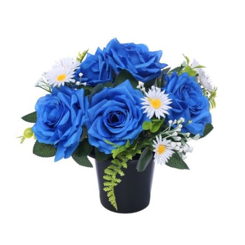 Blue rose daisy grave pot - rose,