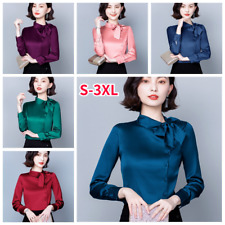 Women Faux Silk Satin Bow Blouse Shirts Tops T-shirts Casual Formal Shiny