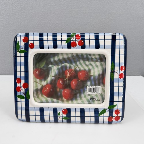 Cherries blue plaid ceramic - cherries,
