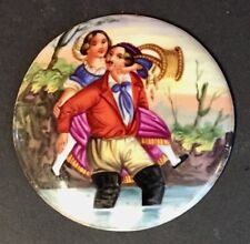 Hand Painted Porcelain Plaque, Girl Tickling Boy Carrying Her With a Feather