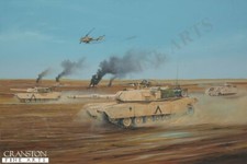 Military art post card, Battle of Eastings Abrams tank Bradley APC 1st Gulf War.