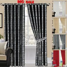 Luxury Jacquard Eyelet Ring Top Curtains Fully Lined Ready Made + Tie Back Pair