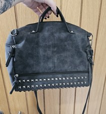 GREY FAUX SUEDE STUDDED MINI HOLDALL HAND BAG BACKPACK GOTH ROCK