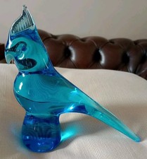 Hand Blown Art Glass Turquoise Bird Budgie Figurine VGC 14.5 cm Tall 14cm Long