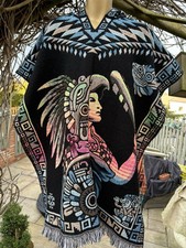 Warrior Calendar Mexican Hooded Poncho Gaban Cape Ruana Tribal One Size Unisex