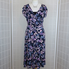 BHS W Dress Size 12 Navy Pink Butterfly Print Fit & Flare Tie Backs Midi Jersey