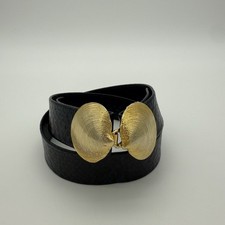 Vintage Black Snakeskin Belt with Gold Shell Clasp – Statement Waist Belt