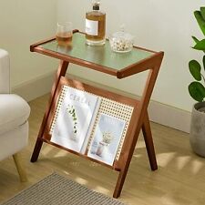 Bamboo Side Table Glass Top Night Stand Bedside Laptop Stand Storage Cabinet