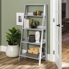 Ladder Bookshelf Grey Slim Tall 4 Tier Bookcase Large Storage Shelving Unit Wood