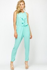 Mint turquoise green Ruffle front jumpsuit with pockets size small