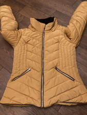 NEW F&F (Tesco) Mustard Yellow Padded Fur Trim Hooded Winter Jacket - Size UK 14