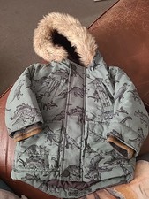 Next Baby Boys Warm Green Dinosaur Jacket Coat with Fur Trim Hood 6 - 9 months