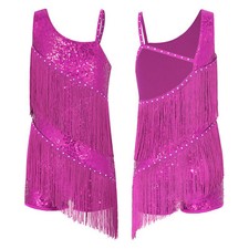 UK Girls Shiny Sequins Fringe Tassel Leotard Dress Tango Ballroom Dance Costume