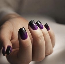 24 Short Square Plain Dark Purple to Black Ombre Press On False Nails Brand New