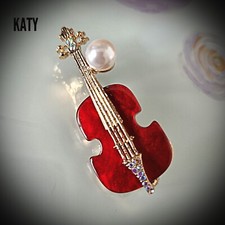 Red Violin Gold Tone AB Crystal Faux Pearl Brooch Pin Vintage Look Gift 