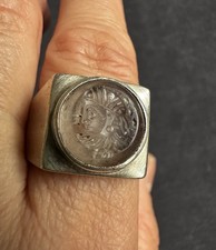 Vintage Tested Silver Carved   Crystal Seal Type Ring -UK Size V