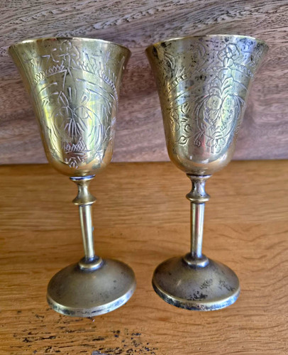 Pair vintage etched brass - etched,