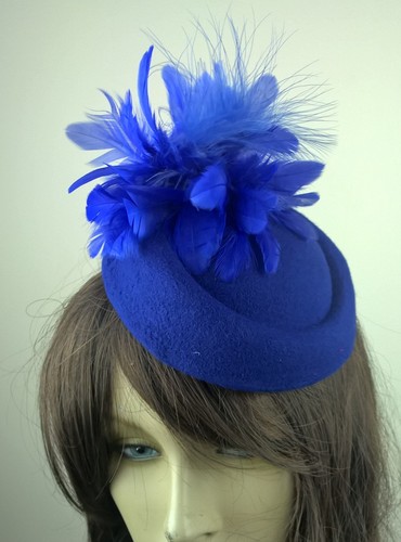 Blue felt pillbox hat - pillbox, feather