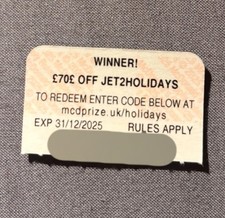 Jet2 Holidays £70 Off Voucher Unused - McDonald’s Monopoly 2025