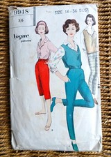 1950s Vintage Vogue Sewing Pattern 9948 Trousers Clam Diggers Shirt Top B36 W28