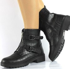 WOMENS BLACK CROC MILITARY BOOTS ARMY COMBAT ANKLE ZIP UP FLAT BIKER SHOES UK 3