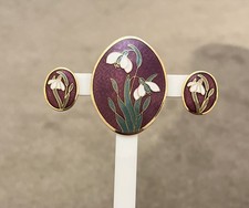 Vintage Fish Crown Cloisonné Enamel Snowdrop Brooch & Earring Set