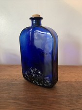 Decorative Embossed Cobalt Blue Flask Bottle With Cork Stopper 17.5cm 