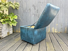 VINTAGE BLUE LEATHER FOOT STOOL STORAGE CUBE BOX POUFFE OTTOMAN 70'S 80'S RETRO