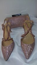 ROLAND CARTIER PINK SHIMMER CRYSTAL STRAPPY SHOES AND MATCHING BAG SIZE 4  EU 37