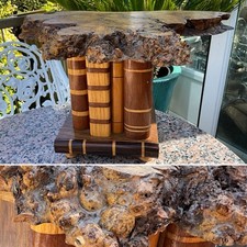 RARE BONSAI DISPLAY STAND BURR ELM NATURAL HARDWOOD INLAY LIBRARY BOOK BASE 18”