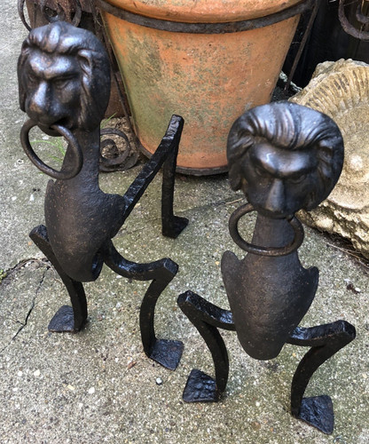 Wrought iron fire - dogs, antique