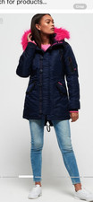 Superdry SDL 2 Parka Coat Size 14 Navy & Hot Pink Fur Hood autumn & Winter