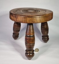 Vintage French Style Low Milking Stool 3 Turned Legs Bullseye Plant Stand Rustic
