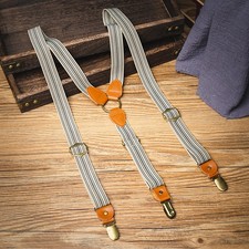 Adult Striped Trouser Braces Heavy Duty Nylon Leahter Suspenders 3 Clips Y-shape