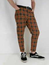 Mens Bespoke Slim Fit Tartan Check Sta Press Style Trousers 60s Mod Brown