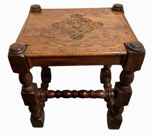 Antique carved oak footstool - carved,