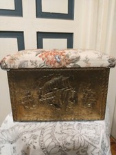Vintage Brass And Wood Slipper Box - Upholstered Top Seat Stool