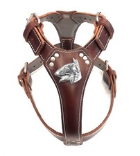 Brown Leather Dog Harness with English Bull Terrier Head Motif