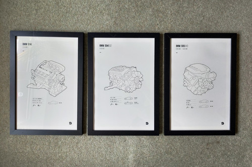 Framed bmw engine line drawing - bmw,