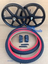 20" Bicycle Plastic Black Mag Wheels, Red Wall Tires Set GT Dyno Old School Rims