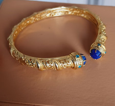 BLUE Lapis Lazuli Gemstone Gold Plated Hinged Cuff Bangle Bracelet Jewellery