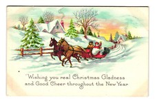 1932 Horse Drawn Sleigh Wishing You a Merry Christmas Postcard
