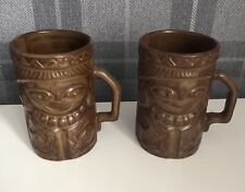 Vintage 2 x Stoneware Tiki Mugs Tankards Brown Pottery Man Cave Home Bar - 11cm
