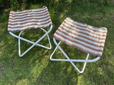 Vintage Retro Portable Orange Brown Striped Pair Of Camping Stools Foldable