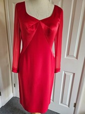 Harrods Frank Usher - Red, Satin Trim, Sheer Long Sleeve, Pencil Dress- UK14