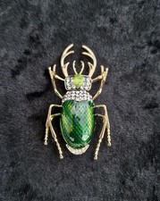 Gold Tone Green Beetle Rhinestone Insect Brooch Pin Vintage Inspired Jewellery 