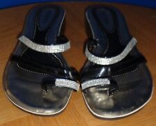 Black Patent & Sparkly Diamante Toe Post Flip Flop Sandals - Pavers - UK 5 EU 38