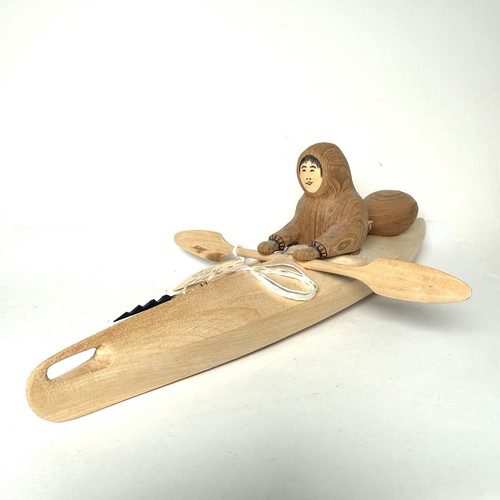Vtg hand carved inuit kayak - hand,