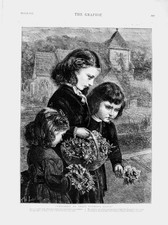 Original Old Antique Print 1874 Children Fathers Grave Flowers Basket Fine Art